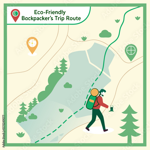 Stylized flat illustration of a backpacker following an eco friendly trip route on a map with a lake and trees