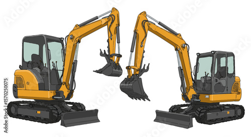 mini excavator vector, Vintage Style Mini Excavator Vector Illustration