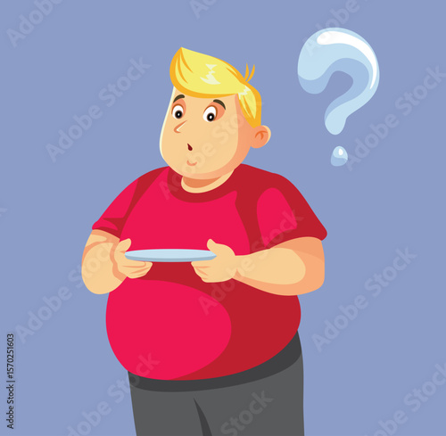 Puzzled Overweight Man Holding an Empty Plate Wondering Vector Cartoon. Person suffering from obesity trying intermittent fasting method 

