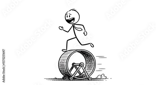 Cartoon stickman in hamster wheel, business metaphor for futile work or effort