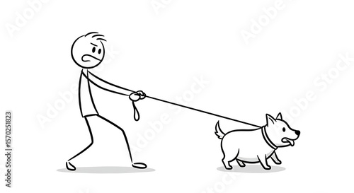 Frustrated stick figure struggles to control his determined pet dog on a walk