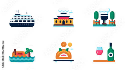 Travel vacation cruise ship restaurant wine icons for holiday tourism and destination trip planning guide