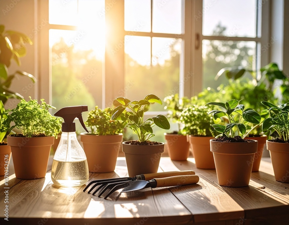 Sunlight Streaming Through Window Illuminates Vibrant Herb Garden in Terracotta Pots Sunlight Streaming Through Window Illuminates Vibrant Herb Garden in Terracotta Pots