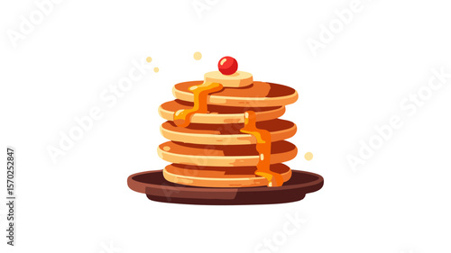 Delicious stack of pancakes with syrup and cherry breakfast food vector illustration design art style