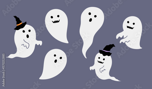 シンプルでかわいい白いお化けと魔女の帽子のおばけのイラストセット（ハロウィン 幽霊 魔女 帽子 ベクター）