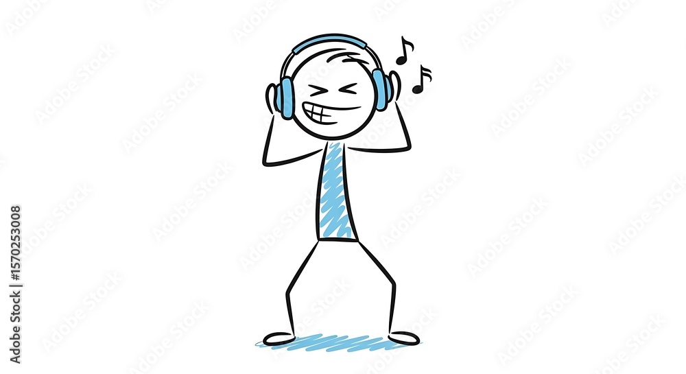Stick figure illustration enjoying music with headphones and dancing happily Stick figure illustration enjoying music with headphones and dancing happily