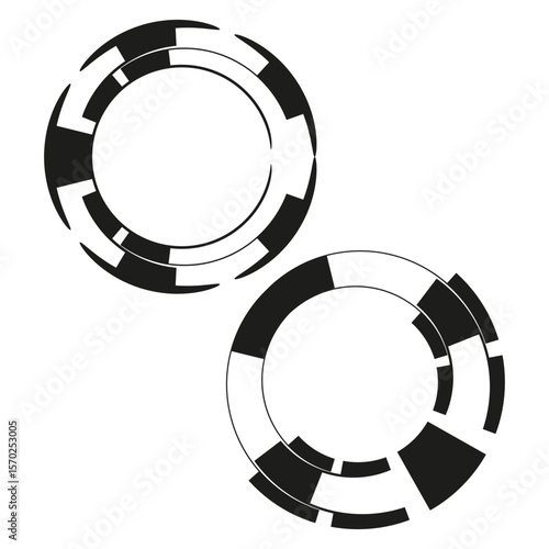 Casino chip duo. Black white vector. Gambling token icon. Circular stake symbol.