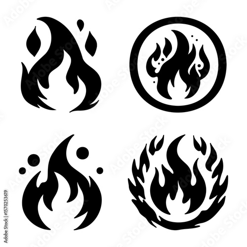 Set of stylized fire icons in various forms