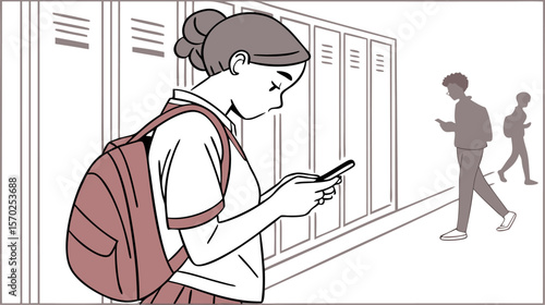 A young female student with a backpack engrossed in her smartphone stands by lockers in a school hallway as other students walk by