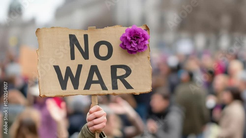 Anti War and Global Protest movement, No war protest sign with a flower in a crowd setting.