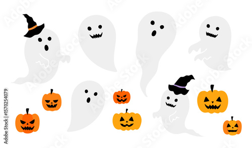 白いお化けと魔女の帽子のおばけ、ジャックオランタンのかわいいイラストセット（ハロウィン 幽霊 かぼちゃ 魔女 ベクター）