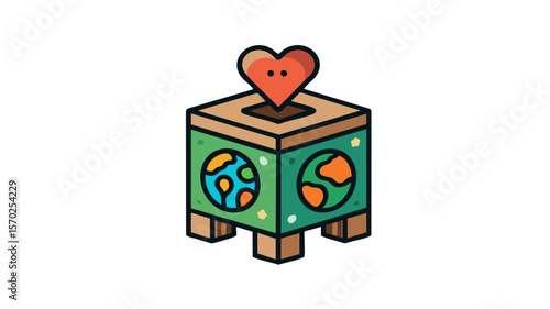 Donation box for charity and earth day with heart and globe vector illustration for fundraising event