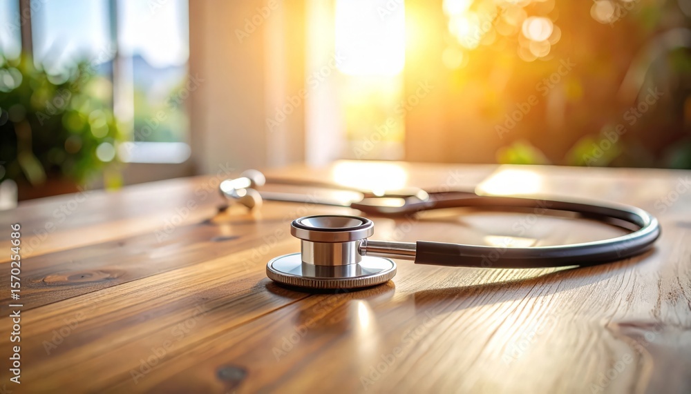 Obraz premium Stethoscope rests on a wooden table top