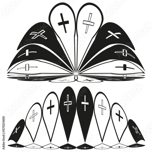 Abstract decorative forms. Black white stylized elements. Symmetrical ornate shapes. Vector elegant pattern.