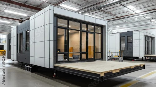 Modern prefabricated home designed for efficient living showcased in a production facility