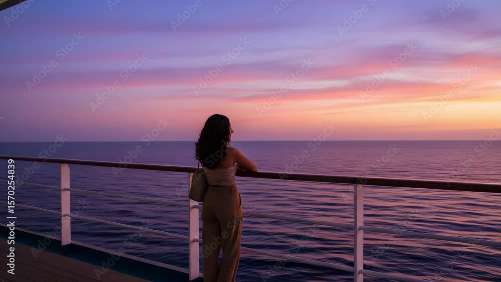 A woman in a summer dress watches the purple sunset from the cruise railing A woman in a summer dress watches the purple sunset from the cruise railing