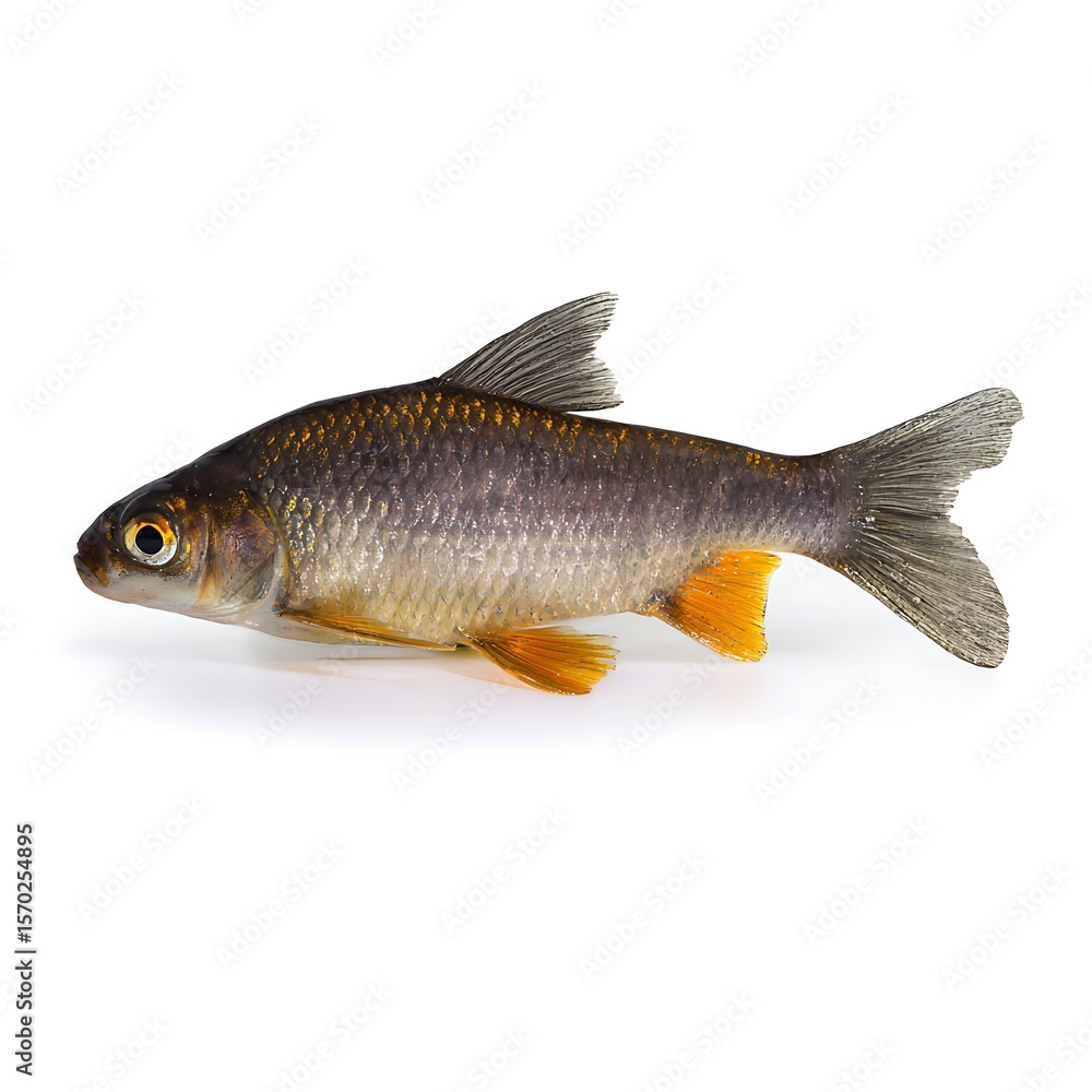 Fototapeta premium Side view of a small fish against a white background.