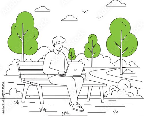  Man Working Outdoors on Laptop in Park Illustrating Flexible Remote Work Environment.