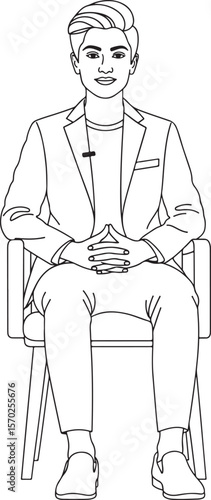 Line Art of Professional Young Man Seated with Clasped Hands Wearing a Suit and Looking Forward Confidently.