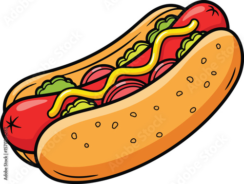 A vibrant and fun cartoon vector illustration of a classic hot dog with mustard and green relish toppings in a bun.