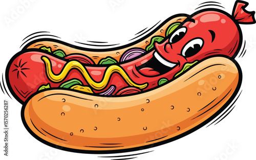  Happy Hot Dog Cartoon Character Fun Fast Food Meal.