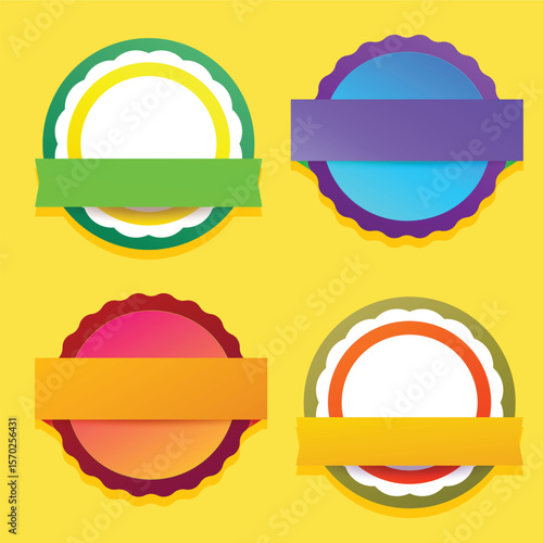  vibrant circular badges with banners for awards, product labels, and playful promotional graphics