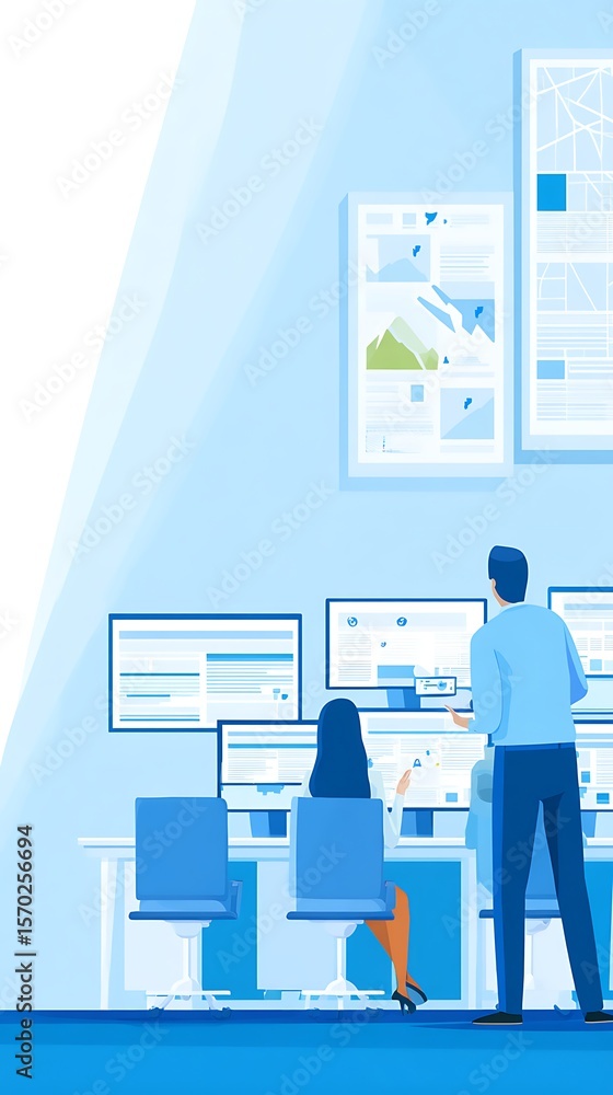 Modern office workspace with team collaborating at computers. Modern office workspace with team collaborating at computers.