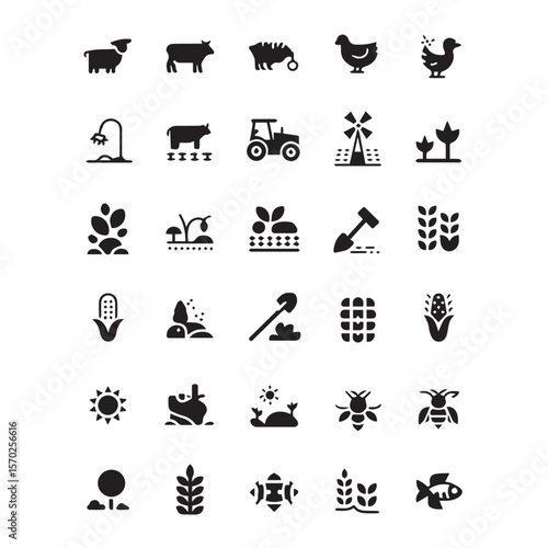 Collection of simple black farm and nature icons representing agriculture animals plants and weather elements