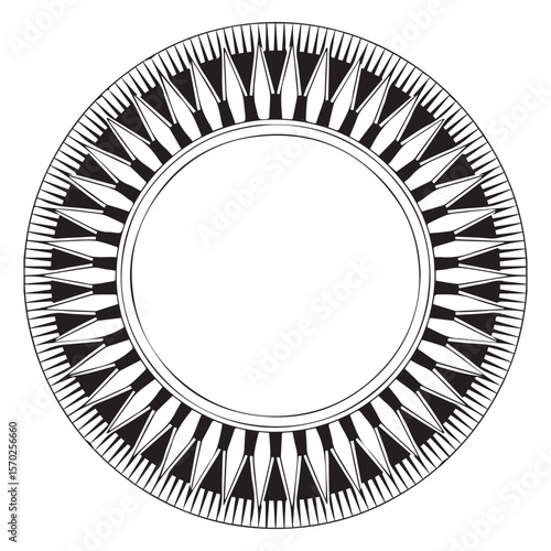 Circular black and white geometric tribal design with sharp triangular elements and a central empty space