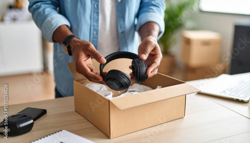 Man Unboxing Black Headphones In Home Office