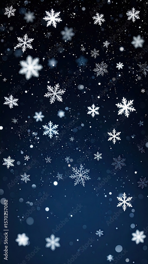 Falling Snowflakes Overlay Against a Deep Blue Night Sky with White Sparkling Particles in Winter Falling Snowflakes Overlay Against a Deep Blue Night Sky with White Sparkling Particles in Winter