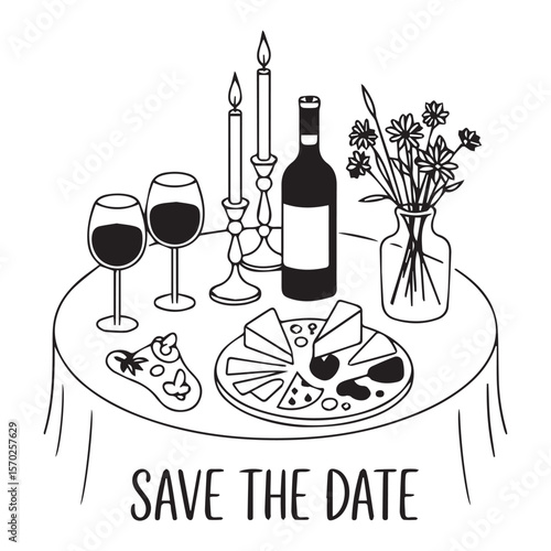 Romantic dinner setting with wine cheese flowers and candles on a table with save the date text