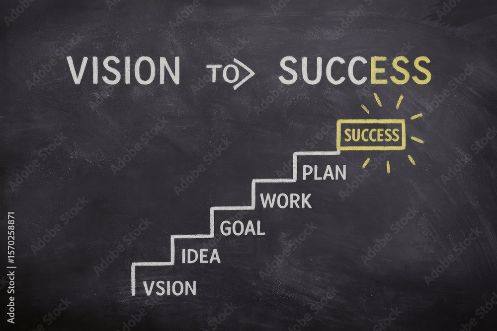 Fototapeta premium Vision to success steps with goal plan work idea blackboard chalk