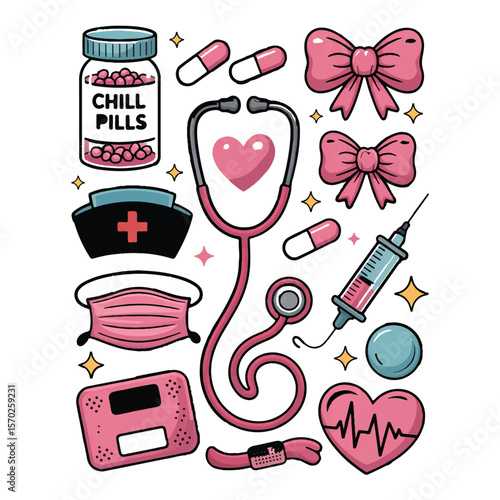 Cute pink medical icons featuring a stethoscope pills syringe nurse hat and heartbeat