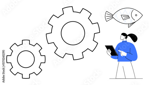 Person holding tablet beside abstract gears and floating fish. Ideal for innovation, problem-solving, workflow, creativity, strategy, tech concepts, simple landing page
