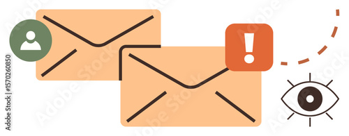 Envelopes with exclamation icon, user avatar, and an eye symbol highlight email alerts, user identification, and privacy monitoring. Ideal for communication, security, alert, notification email