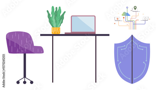 Minimalist desk with laptop, potted plant, and connected tech icons beside shield. Ideal for workspace setup, cybersecurity, technology, cloud computing, digital protection, home office and remote