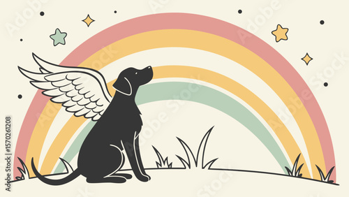 Rainbow Bridge Pet Memorial Silhouettes — Dog & Cat Looking to Sky, Angel Wings, Bridge & Sunset for Sympathy Gifts