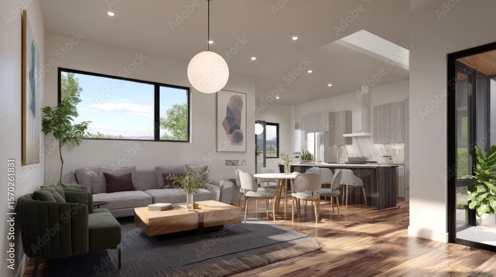 Fototapeta premium Bright, open living room and kitchen with modern furniture and large windows/door
