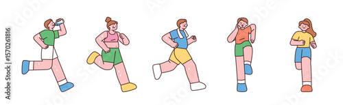 People running and exercising, showing various actions like drinking water and wiping sweat. 