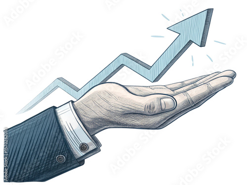 Illustration of a hand holding a rising arrow indicating growth and success on a black background created with generated ai