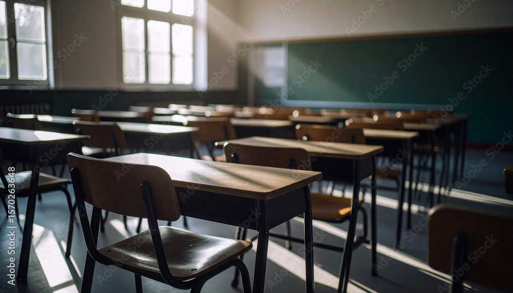 Clean Classroom with Empty Desks. Back to School Concept. Generated image Clean Classroom with Empty Desks. Back to School Concept. Generated image