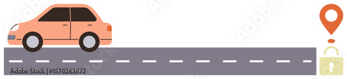 Compact car driving on a gray road towards a red location pin and lock symbol. Ideal for navigation, travel, security, destination, GPS tracking, privacy, and journey themes. Simple flat metaphor