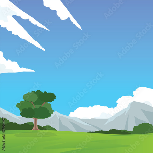 Landscape banner of green grassy hills with trees on the mountain slopes under the blue sky and white clouds.