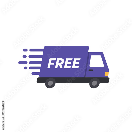 Vector bergaya flat dari truk pengiriman biru dengan efek kecepatan dan label “Free Shipping.” Simbol pengiriman gratis dan cepat untuk toko online.