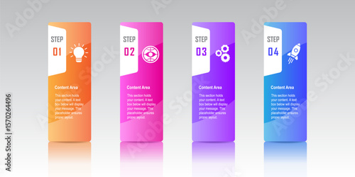 A modern 4-step infographic template with colorful vertical banners, icons, and placeholder text, perfect for business presentations, workflows, or educational content.
