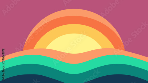 Vibrant Sunset Over Serene Waves: A mesmerizing, stylized illustration depicting a radiant sun setting gracefully over a series of undulating waves, creating a sense of peace and tranquility.
