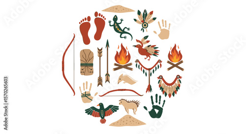 Illustration of native american symbols including animals and fire pits