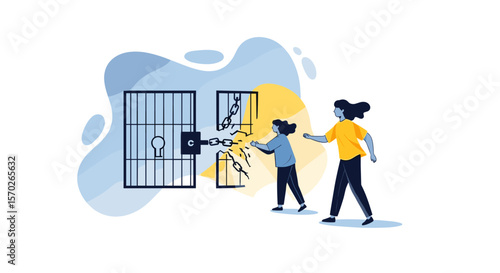 Woman and child escaping from a broken cage with a broken chain lock