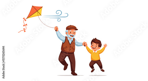 Grandfather and grandson flying a kite together on a windy day outside